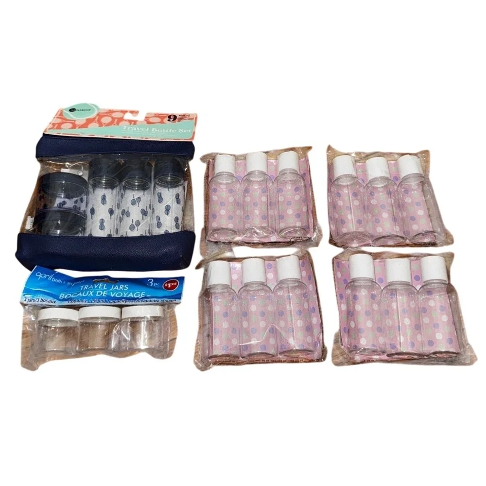Miamica‎ Travel Bottle Set 9pc Plus 12 Bottles and 3 Jars Bundle NWT Navy Blue